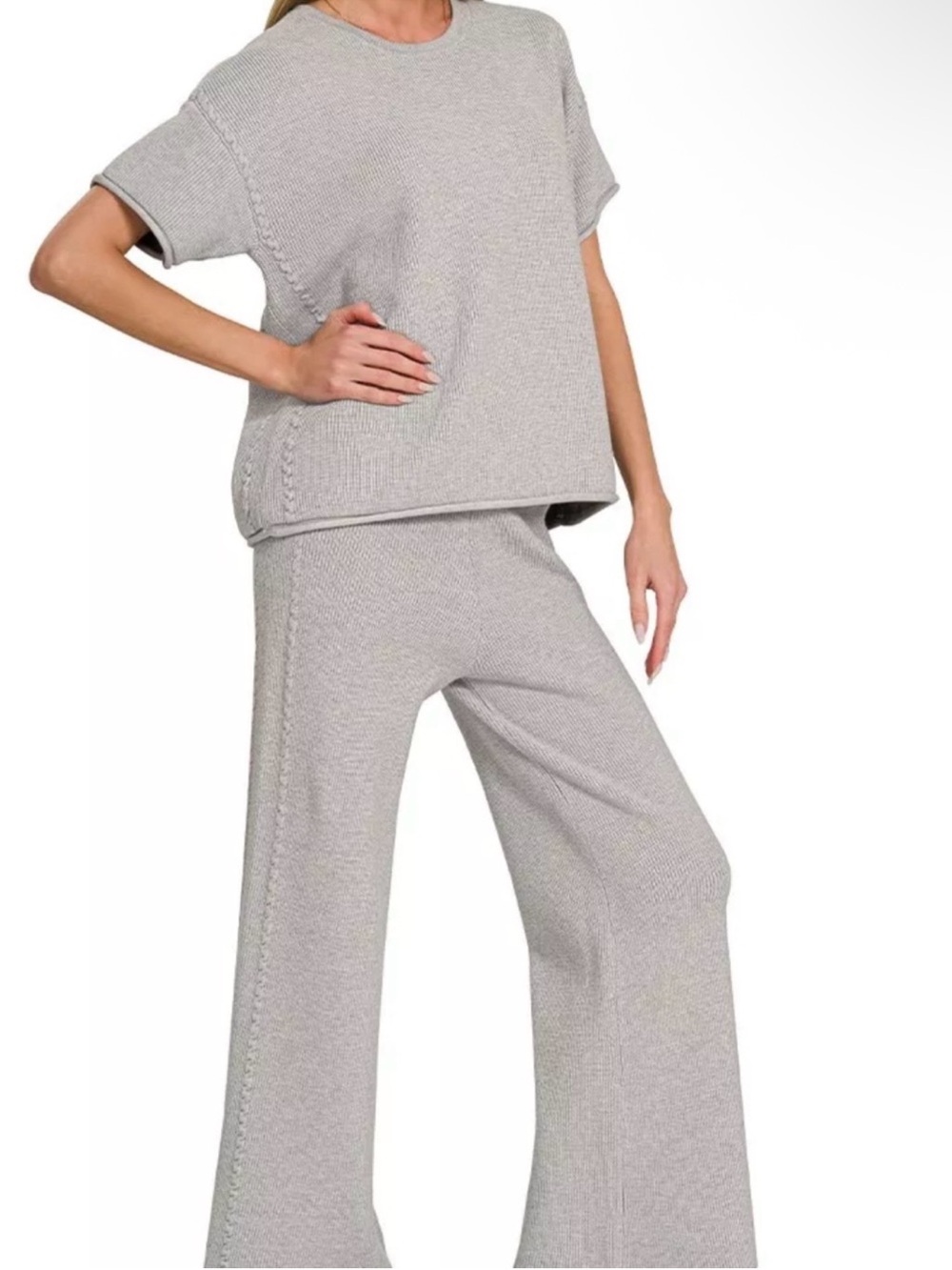 Zenana Knit Wide-Leg Pant Set - Lt Beige - Picture 3 of 3
